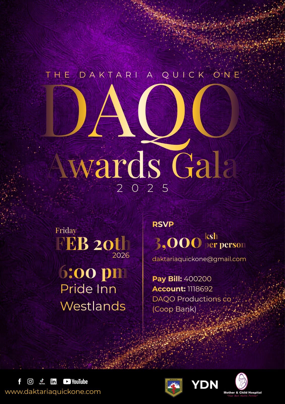 Poster for the DAQO Awards Gala, Friday February 20th 2026, 6pm at Pride Inn Westlands